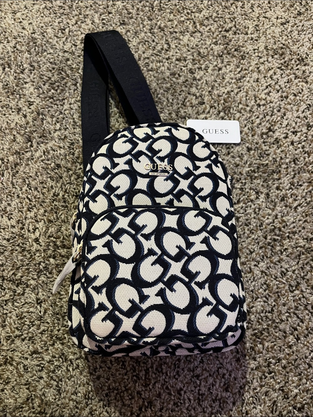 Guess Black & Cream Monogram Sling Backpack